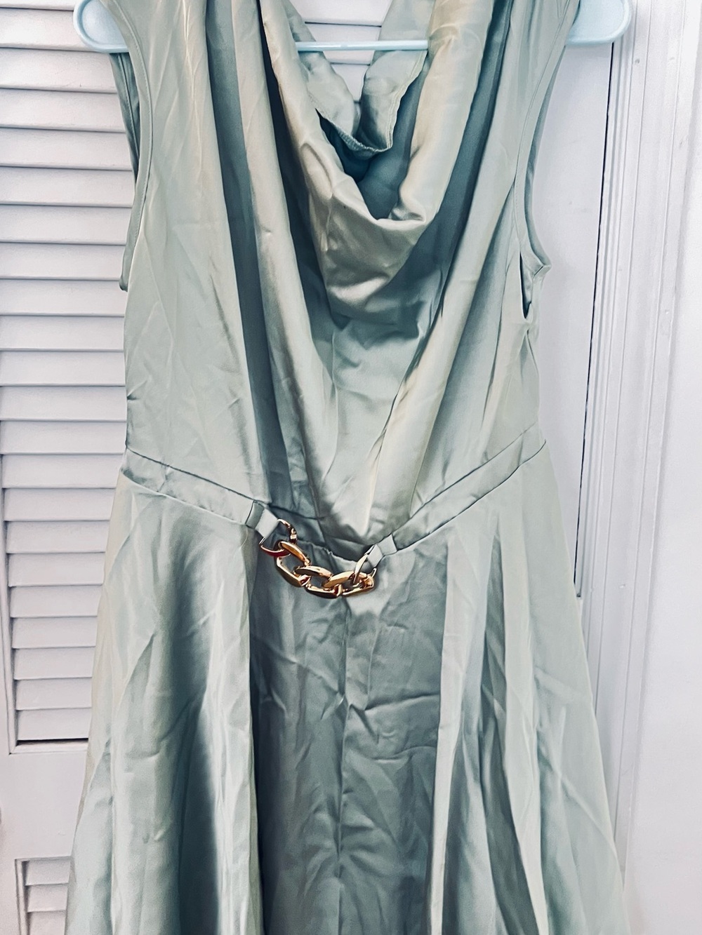 & Other Stories Sage Green Cowl Neck Dress with Gold Chain Belt